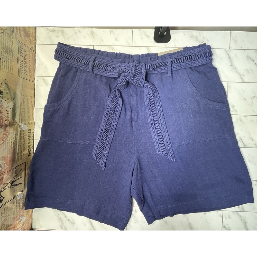 Soft Surroundings Summer Breeze Linen Blend Belted Shorts Navy NWT Large Beach